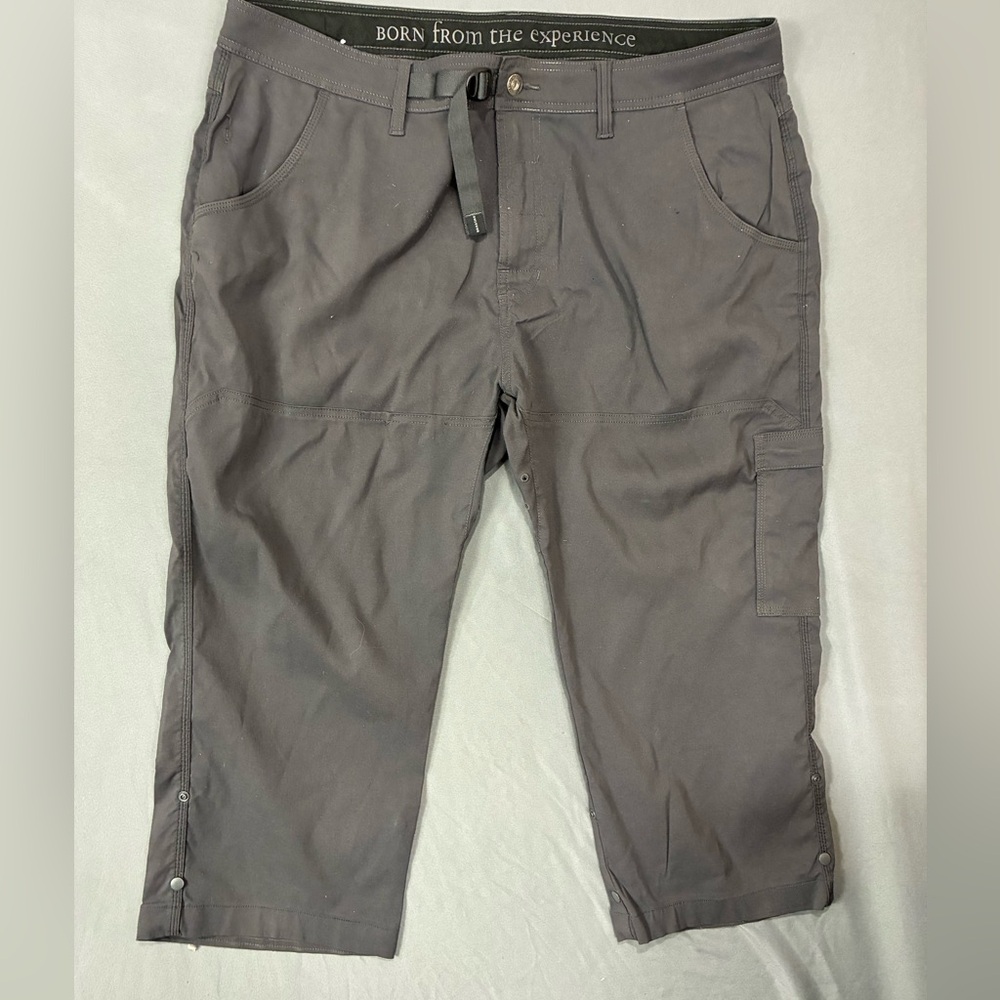 Prana Stretch Zion Pant Belted Cargo Mens 40x30 Straight Leg Snap Roll Up Grey